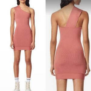 Herve Leger|Asymmetric Ribbed Bandage Mini Dress in Praline, XXS